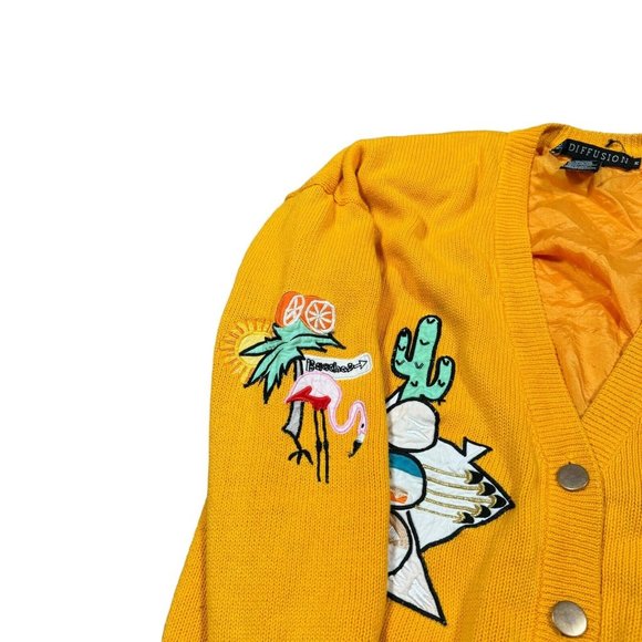 Vintage 90s IB Diffusion Yellow Knit Lined Cardigan Sweater Patch-Detail - Picture 2 of 13